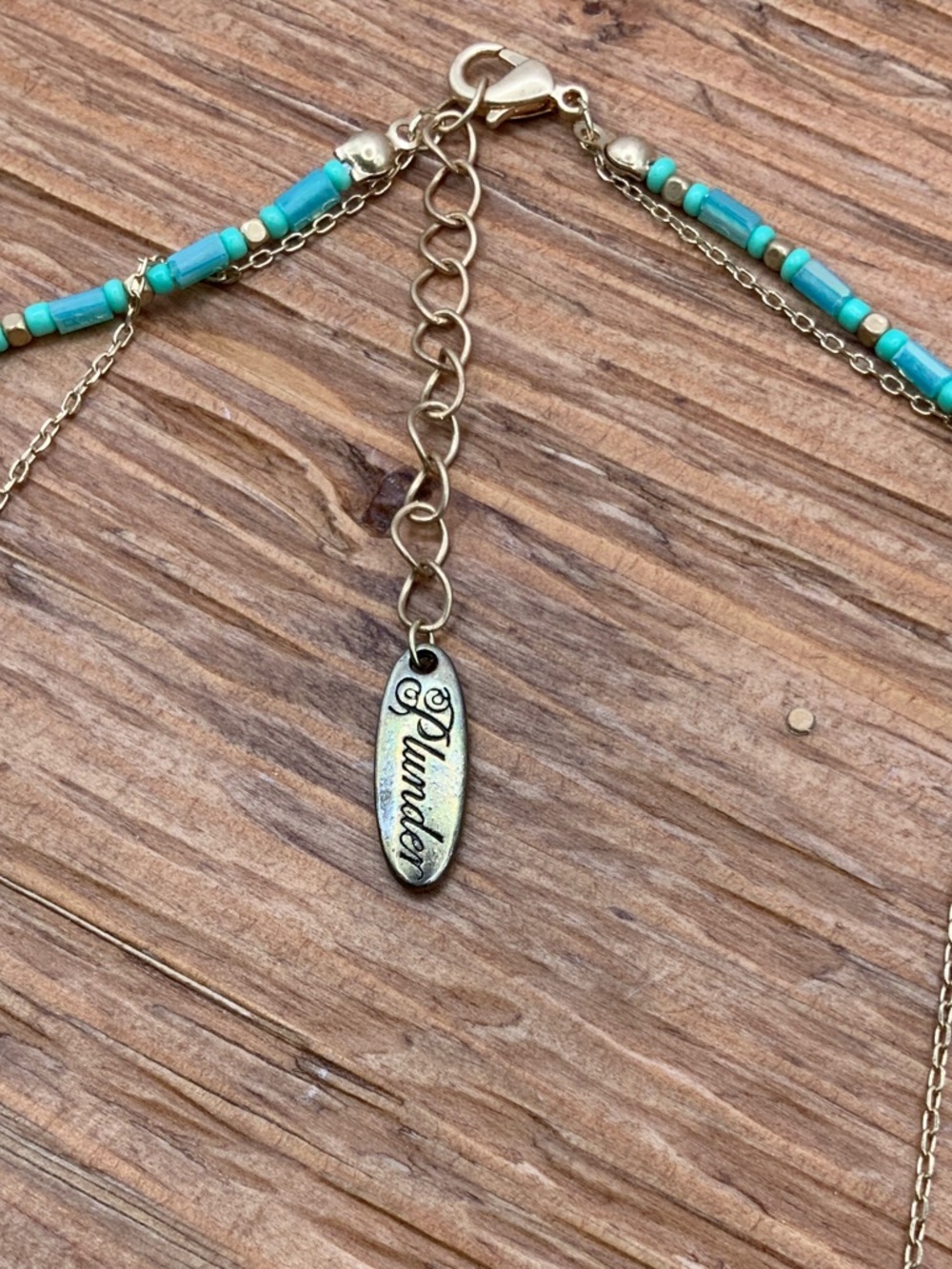 Plunder Design Double Gold Tone Chain Turquoise Beaded Pearl Pendant Necklace - Picture 3 of 5